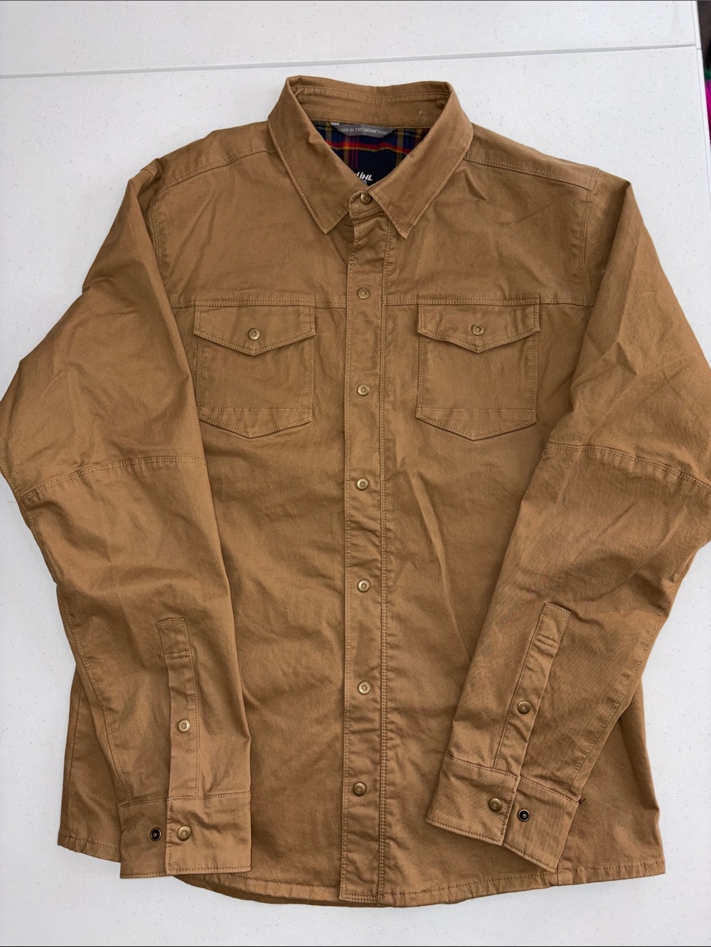 Kuhl Men Jacket L Button-Up Brown Tan Canvas Flannel Lined Utility Generator
